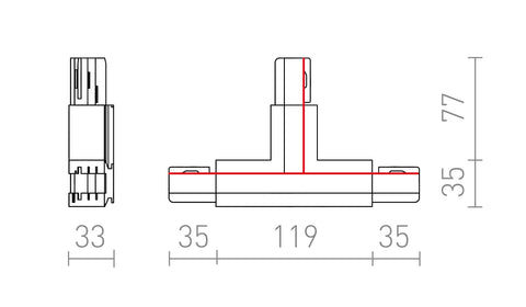 Rendl EUTRAC T-liitin, vasen polariteetti, 3-vaihekiskoon – valmistajan mittapiirros (R11335,R11336,R11337)