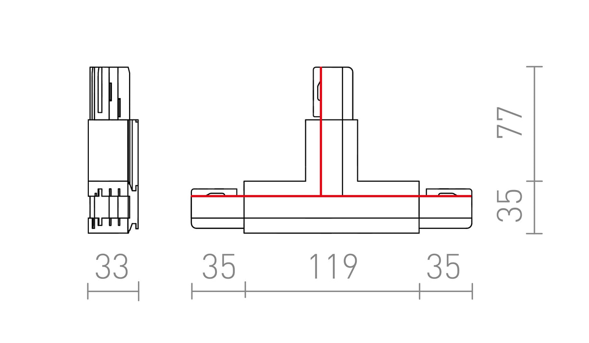 Rendl EUTRAC T-liitin, oikea polariteetti, 3-vaihekiskoon – valmistajan mittapiirros (R11332,R11333,R11334)