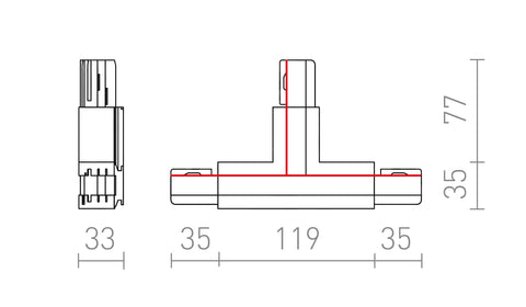 Rendl EUTRAC T-liitin, oikea polariteetti, 3-vaihekiskoon – valmistajan mittapiirros (R11332,R11333,R11334)