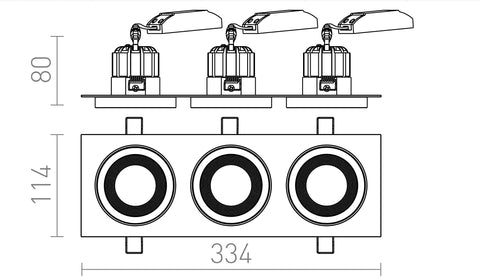 SHARM SQ III upotettava LED-valaisin – tehokas 3x10W, ei himmennettävä – valmistajan mittapiirros (R13260,R13261,R13262,R13263,R13264)
