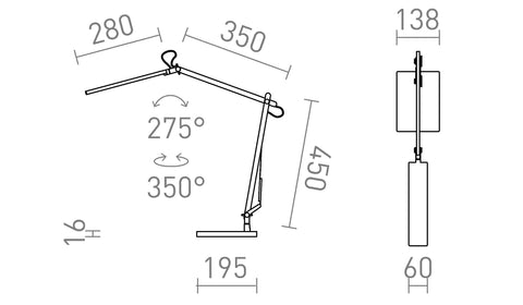 Rendl NORMA LED-pöytävalaisin, nivelvarsi – valmistajan mittapiirros (R14293)
