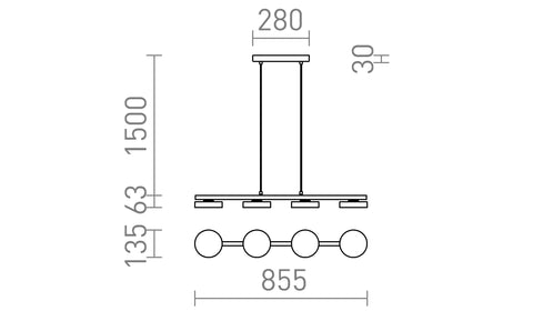 ARETHA IV riippuvalaisin musta 230V LED 4x12W 3000K – valmistajan mittapiirros (R14424)