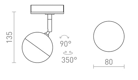 Rendl LYRA LED-kohdevalaisin 1-vaihekiskolle – valmistajan mittapiirros (R14427)