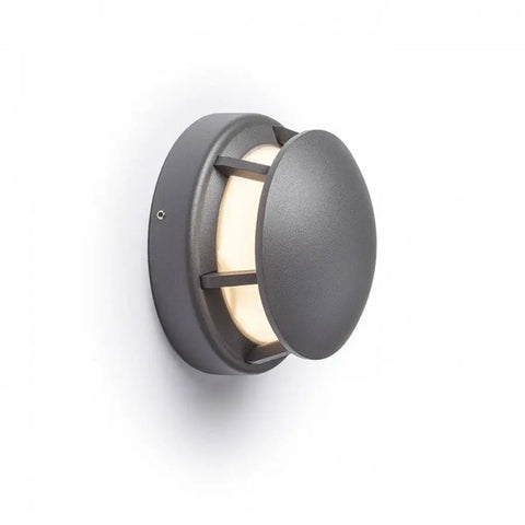 FAROS ulkovalaisin sivuprofiili tummanharmaa, LED 3W IP54, valaistus päällä - Kuva esittää FAROS ulkovalaisimen sivuprofiilin, jossa LED-valo on päällä. Valaisimen runko on tummanharmaa, ja sen valo loistaa pehmeästi sivuille.