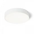 Valkoinen pyöreä kattovalaisin, jossa on sisäänrakennettu LED-valonlähde ja minimalistinen kehys.