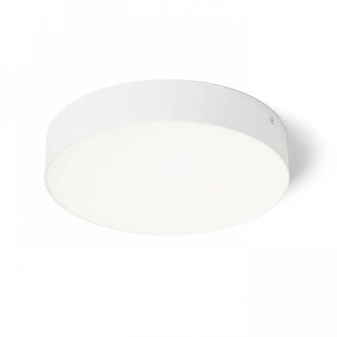 Valkoinen pyöreä kattovalaisin, jossa on sisäänrakennettu LED-valonlähde ja minimalistinen kehys.