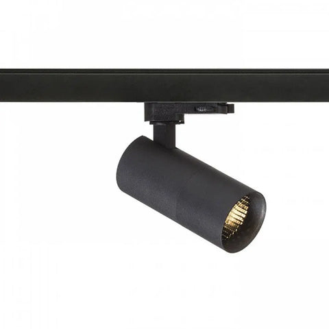 Musta FORZA LED-kohdevalaisin GU10-kannalla, säädettävä valaistus – Musta LED GU10 -kohdevalaisin mustalla 3-vaihekiskolla, tarjoaa tyylikkään ja modernin valaistuksen kaupallisiin tai kodin tiloihin.