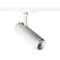 Valkoinen FOCUS 12 LED-spotlight 1-vaihekiskoon asennettuna, pyöreä valaisinrunko ja säädettävä valonlähde.