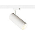 Valkoinen FOCUS 30 LED-valonheitin asennettuna 3-vaihekiskoon, näyttäen etuosan valonheittimen kanssa.