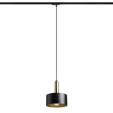 Musta riippuvalaisin kullanruskealla yksityiskohdalla, asennettuna 1-vaihekiskoon, moderni design ja alaspäin suunnattu valo.