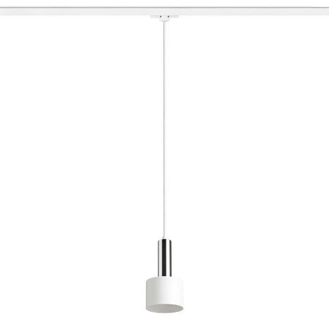 GIULIA 12 valkoinen kromi riippuvalaisin, metallinen varjostin, tekstiilikaapeli, ripustuspituus 120 cm, suunniteltu 3-vaihekiskolle.
