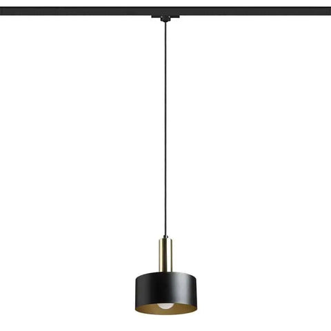 Musta riippuvalaisin kullanruskealla yksityiskohdalla, ripustettuna 3-vaihekiskoon, moderni ja tyylikäs design.