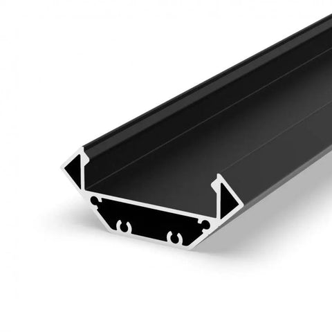 Musta LED-profiili J pinta-asennettava kulmaprofiili, alumiinirunko ja mattapintainen diffuusori.