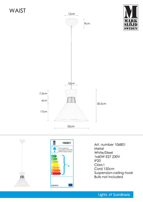 Markslöjd WAIST – riippuvalaisin, valkoinen/teräs – valmistajan mittapiirros