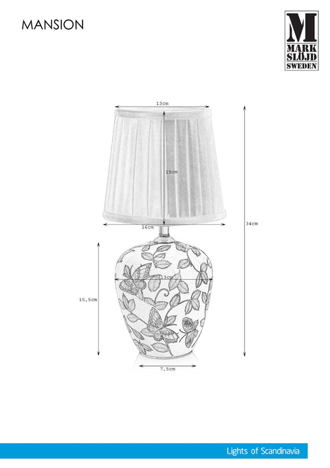 Markslöjd MANSION – 1-valoinen pöytävalaisin, kuvioitu/valkoinen, 33 cm – valmistajan mittapiirros