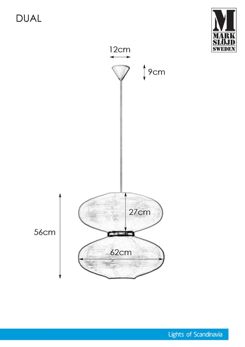 Markslöjd DUAL – 2-valoinen riippuvalaisin, valkoinen/musta, leveys 60,0 cm – valmistajan mittapiirros