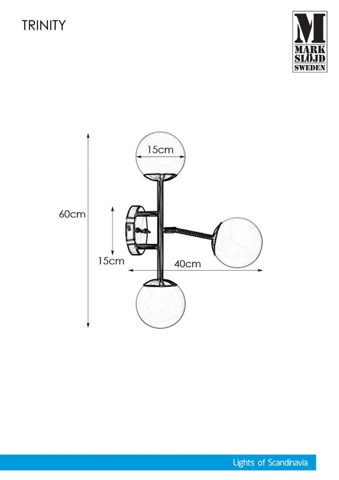 Markslöjd TRINITY – 3-valoinen seinävalaisin, messinginvärinen/valkoinen, leveys 40 cm – valmistajan mittapiirros