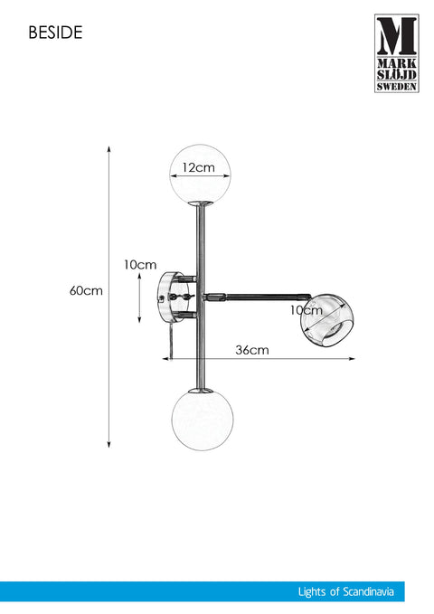 Markslöjd BESIDE – 3-valoinen seinävalaisin, teräksenvärinen/valkoinen, leveys 36 cm – valmistajan mittapiirros