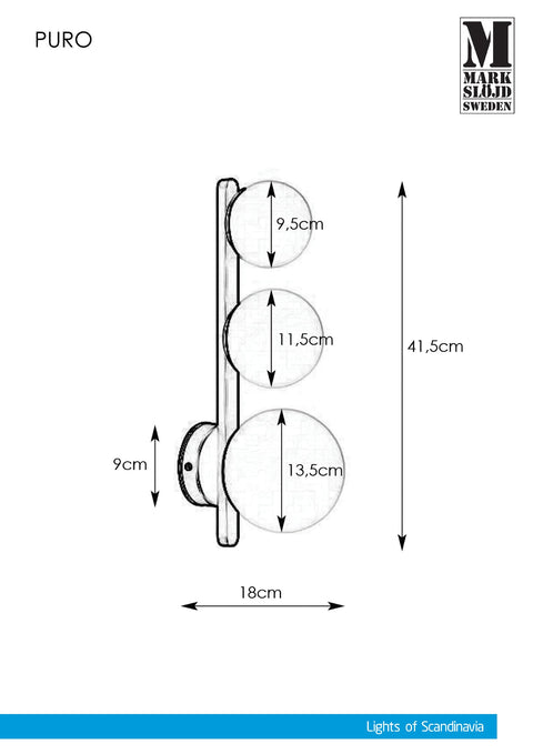 Markslöjd PURO – 3-valoinen seinävalaisin, musta/valkoinen, leveys 13,5 cm – valmistajan mittapiirros