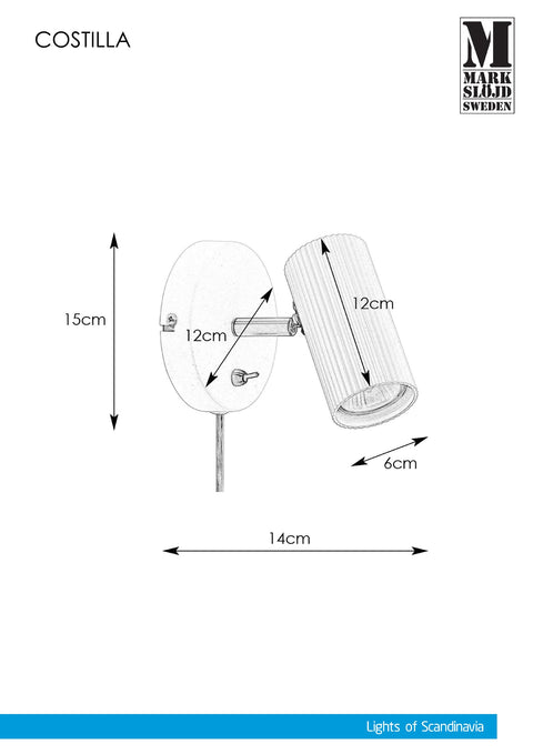 Markslöjd COSTILLA – seinävalaisin, valkoinen, leveys 12,0 cm – valmistajan mittapiirros