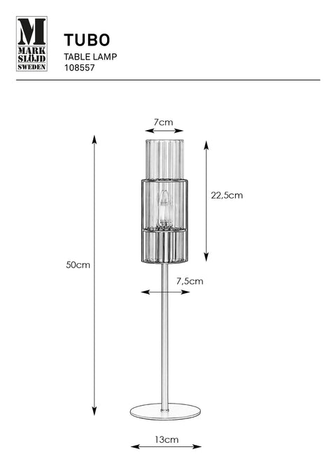 Markslöjd TUBO – pöytävalaisin, satiininikkeli/kirkas, 50 cm – valmistajan mittapiirros