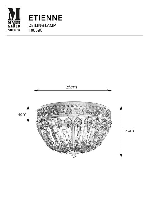 Markslöjd ETIENNE – 2-valoinen kattovalaisin, musta, leveys 25,0 cm – valmistajan mittapiirros