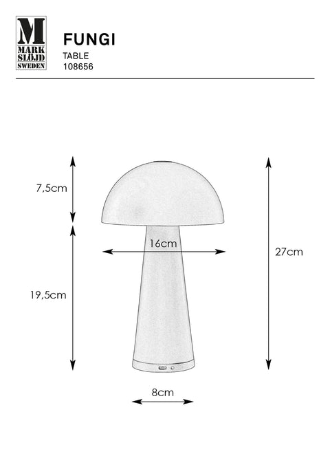 Markslöjd FUNGI – ladattava pöytävalaisin, valkoinen, 26,5 cm – valmistajan mittapiirros