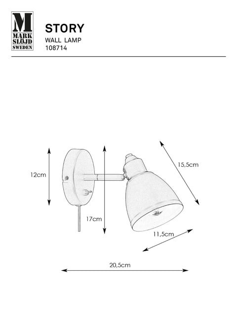 Markslöjd STORY – seinävalaisin, antiikkimessinki, leveys 17,5 cm – valmistajan mittapiirros