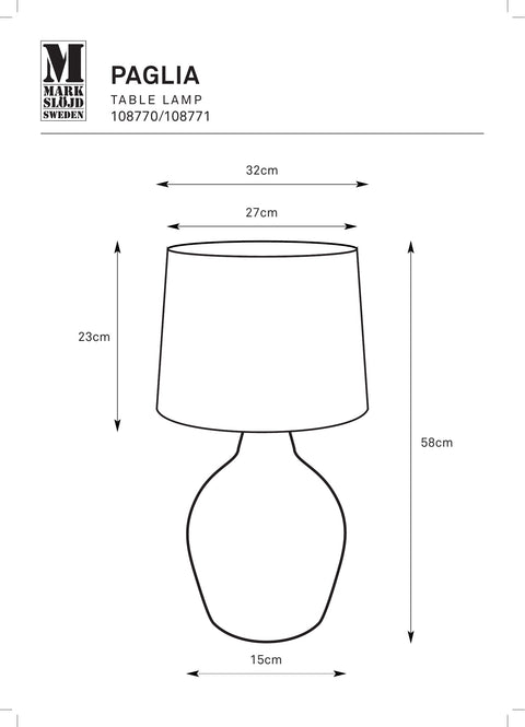 Markslöjd PAGLIA – pöytävalaisin, musta/luonnonvärinen, 58 cm – valmistajan mittapiirros