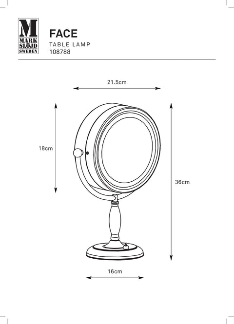 Markslöjd FACE – valaistu pöytäpeili, musta, leveys 16 cm – valmistajan mittapiirros