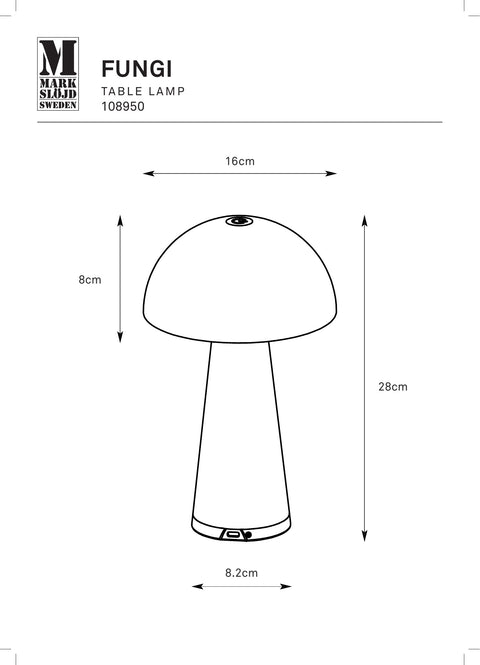 Markslöjd FUNGI – ladattava pöytävalaisin, harmaanbeige – valmistajan mittapiirros