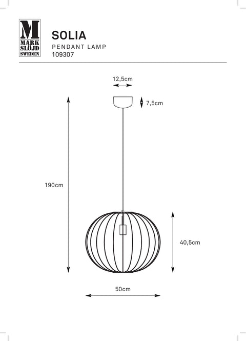 Markslöjd SOLIA – riippuvalaisin, valkoinen, 50 cm – valmistajan mittapiirros