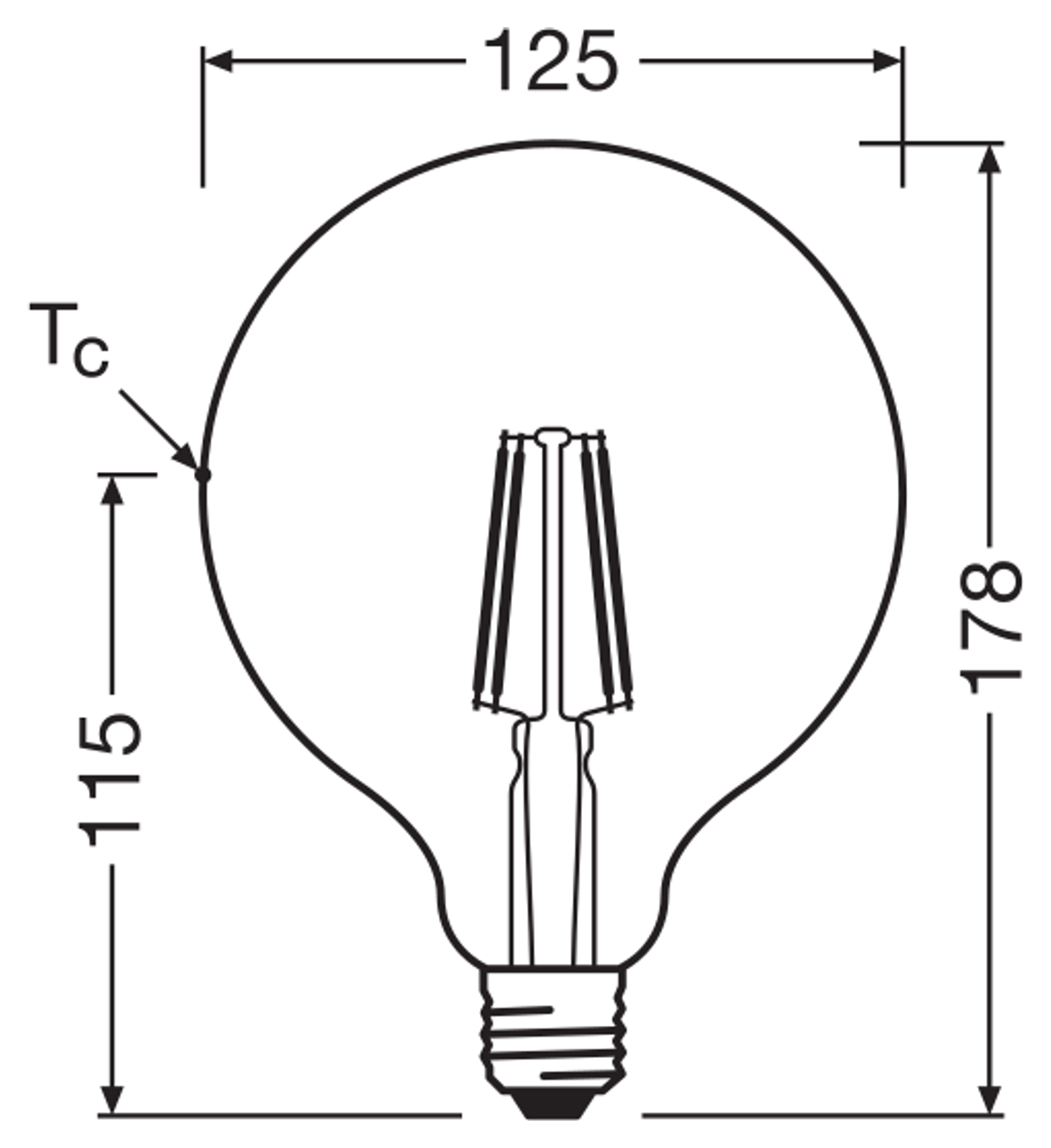 OSRAM PARATHOM RETRO Globe E27 LED-globallampa – måttskiss (G12245)