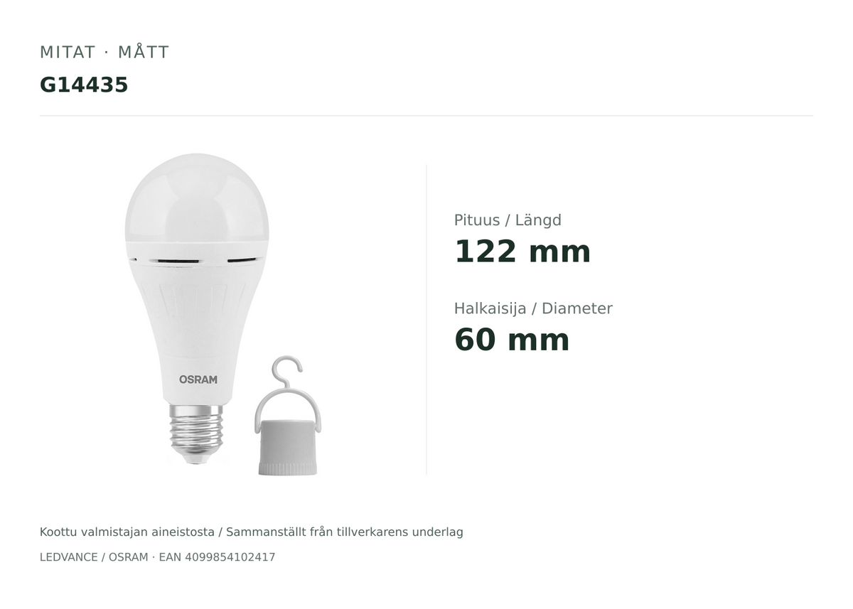 OSRAM PARATHOM AKU E27 uppladdningsbar LED-lampa (G14435)