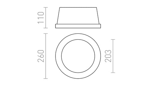 MIA R valaisimen mittakuva, upotussyvyys 11 cm ja pyöreän aukon halkaisija 26 cm.