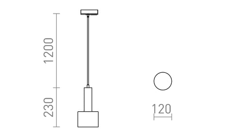 Riippuvalaisimen tekninen piirros, jossa näkyy ripustuspituus 120 cm.