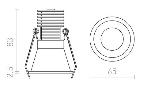 Rendl OWEN DIMM R13667/R13668 – valmistajan mittapiirros, ulkohalkaisija 65 mm