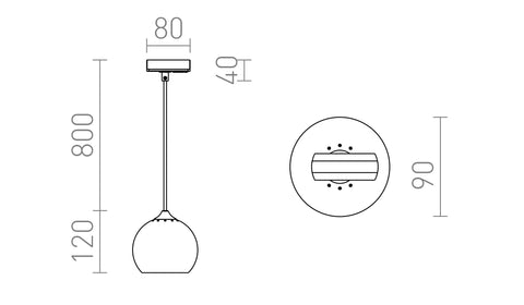 Tekniset mitat DESTY 1-vaihekiskolle riippuvalaisimelle, varjostimen halkaisija 90 mm, ripustuskorkeus 800 mm, GU10 kanta