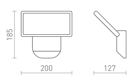 COMODO-seinävalaisimen tekniset piirustukset, mitat 185 mm korkeus, 200 mm leveys ja 127 mm syvyys. Kuva esittää valaisimen tarkat mitat ja asennusprofiilin.