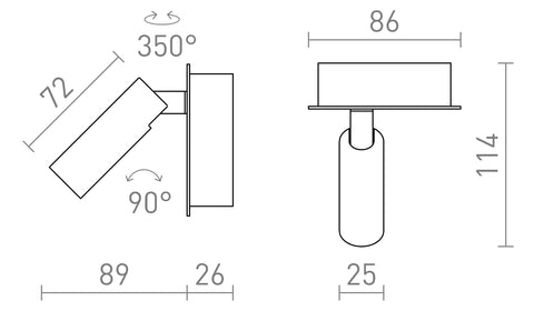 MIG-seinävalaisimen tekninen piirros, käännettävä 350°, kallistettavissa 90°, kompakti muotoilu.