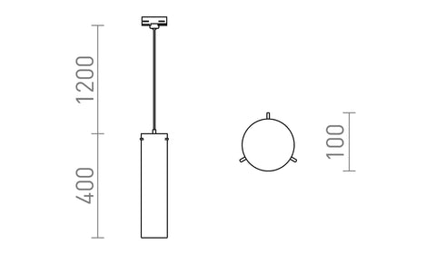 GARNISH 3-vaihekiskovalaisimen tekninen mittakaaviokuva – Tekninen piirros GARNISH 3-vaihekiskovalaisimesta, jossa näkyvät ripustuspituus (120 cm) ja lasikuvun halkaisija, suunniteltu moderniin kotiin.