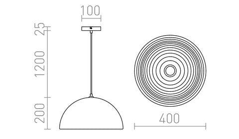 CARISSIMA 40 riippuvalaisimen tekniset mitat, halkaisija 40 cm, ripustuspituus säädettävissä.