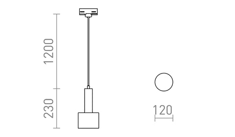 Riippuvalaisimen tekninen piirros, jossa näkyy ripustuspituus 120 cm ja 3-vaihekiskoasennus.