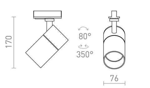 WISH 20 -kohdevalaisimen tekninen piirros ja mitat (korkeus 170 mm, halkaisija 76 mm)