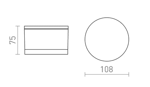 ORIN R katto, mittakaaviokuva – Näyttää valaisimen tarkat mitat (halkaisija 108 mm, korkeus 75 mm) asiakasta varten.