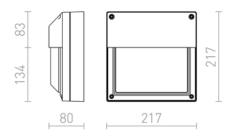 Tekniset mitat DELTA 215 seinävalaisimelle, leveys 217 mm, korkeus 217 mm, syvyys 80 mm, IP54-suojaus ulkokäyttöön