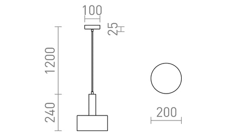 Tekninen piirros GIULIA 20 riippuvalaisimesta, jossa näkyy ripustuspituus 120 cm ja varjostimen mitat.