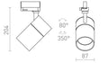 Kohdevalaisimen tekninen piirros ja mitat (korkeus 204 mm, halkaisija 87 mm, kääntö 350°, kallistus 80°)
