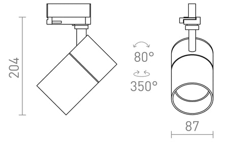 Kohdevalaisimen tekninen piirros ja mitat (korkeus 204 mm, halkaisija 87 mm, kääntö 350°, kallistus 80°)
