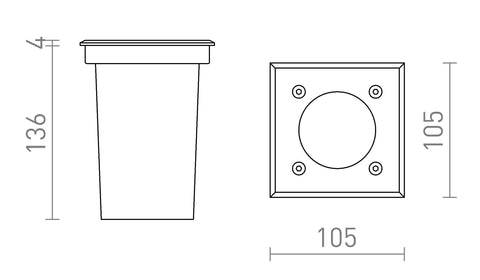 ORBU SQ 10, mittakaaviokuva – Näyttää valaisimen tarkat mitat (halkaisija 105 mm, korkeus 136 mm), auttaen asiakasta arvioimaan sen kokoa.